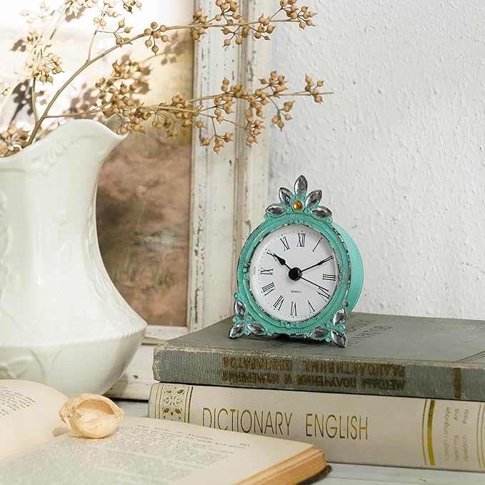 NIKKY HOME Vintage Pewter Quartz Mini Table Clock with Crystal Shining Rhinestone, 2.87 x 1.37 x 3.87 Inches, Aqua