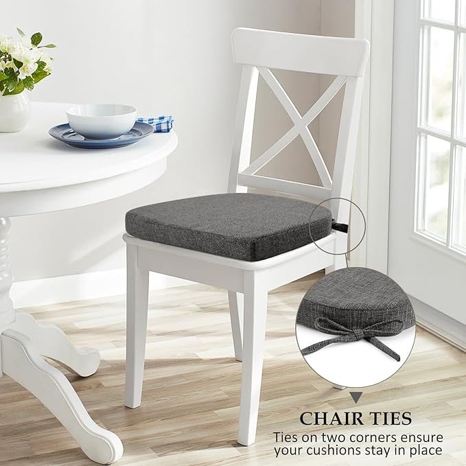 Wellsin Chair Cushions for Dining Chairs 4 Pack - Kitchen Chair Cushions with Ties and Non-Slip Backing - Dining Chair Pads 16"X16"X2", Dark Gray