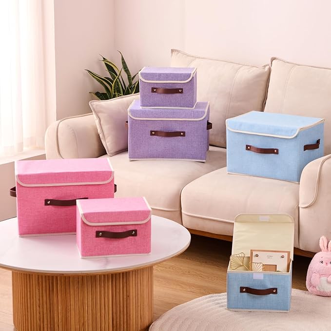 2PCS Storage Boxes with Lid Cotton Linen Fabric Storage Bins Organizer Container Decorative Collapsible Washable Shelf Closet Baskets Faux Leather Handles Home Bedroom (Purple, Small)