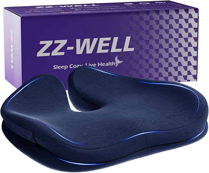 ZZ-WELL Seat Cushions for Office Chairs - Coccyx Cushion for Tailbone Pain Pressure Relief - Memory Foam Butt Pillows for Sitting, Wheelchair, Car Seat- Carry Handle & Non Slip Bottom (Navy Blue)
