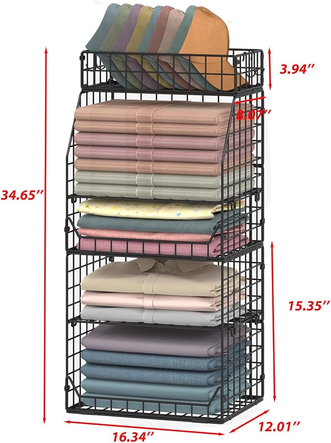Jakyitvi 5-Tier Stackable Closet Organizers and Storage with Small Basket for Hats,Closet Storage Basket with Adjustable Dividers and 4 hooks,Clothes Shelf Bins for Closet Organizer System,Black