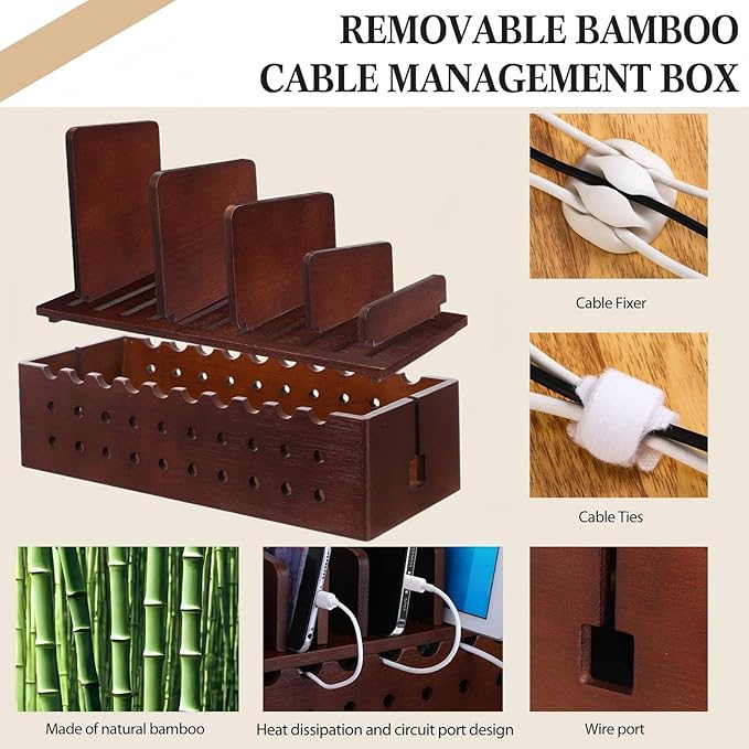 Bamboo Charging Station for Multiple Devices, Cell Phone Docking Charging Station Organizer and Cord Organizer for 10 Devices for Power Strip Storage, Phones and Tablets(Brown)