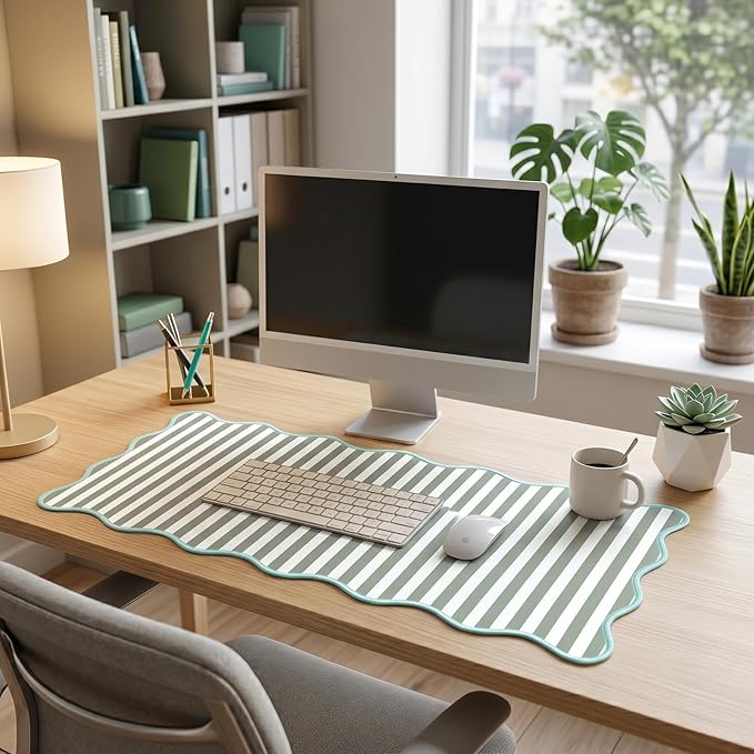 Scalloped Desk Mat Extended Large Cute Striped Mouse Pad Big Desk Pad XXL Aesthetic Stripe Mousepad Gaming Mouse Pad for Keyboard Computer Laptop Home Office Accessories 35.4X15.7Inches Sage Green