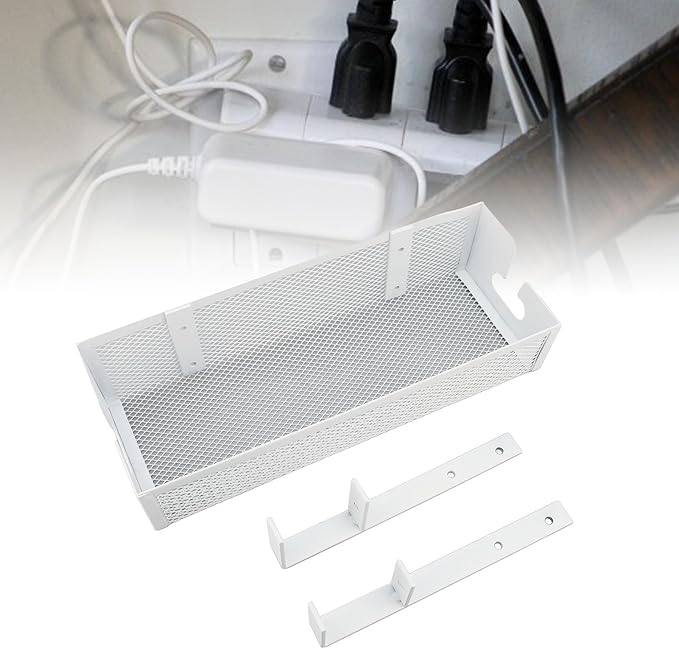 Under Desk Cable Management Tray | Mesh Cord Box with Clamp Mount | No Drill Desk Organizer for Office/Home | Carbon Steel 13.4x5in White