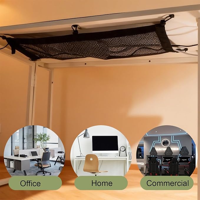 Under Desk Cable Management Net Kit – No Sag Cord Organizer for Power Strips, Mesh Cable Hammock with Screws, Clips & Ties, Wire Management for Standing Desk & Gaming Setup (24.5"x9.5")
