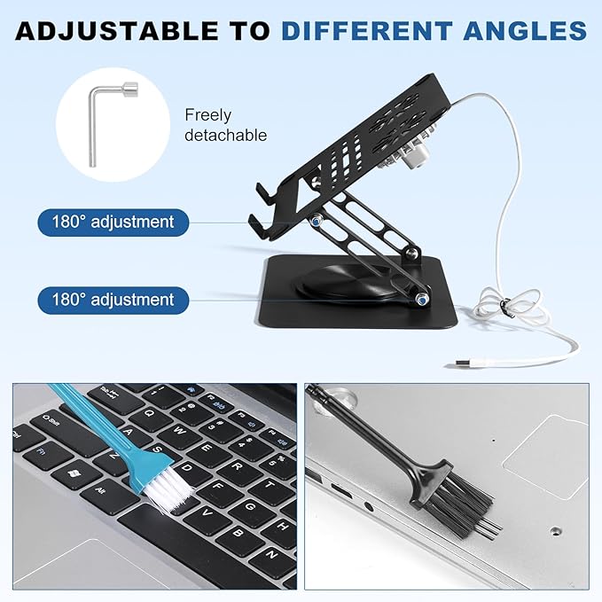 Laptop Cooling Pad with 2 Detachable Fans, Adjustable Height & Angle Stand, 360° Rotation, Ultra-Sturdy Carbon Steel Frame, Quiet Cooling for 10-17.3" Laptops (Black)