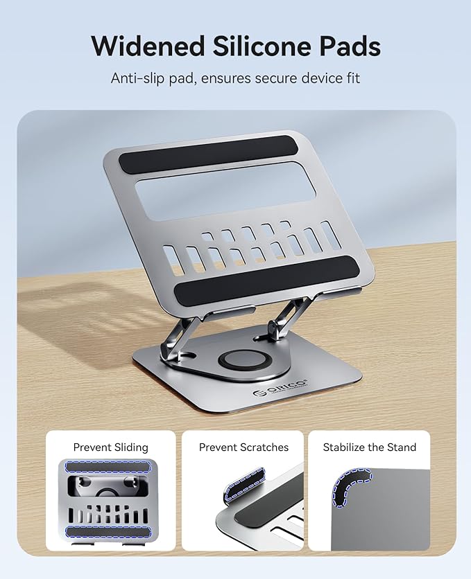 ORICO Adjustable Laptop Stand for Desk, 360° Rotating Base, Foldable Aluminum Alloy Computer Stand with Ventilated Design, Compatible with MacBook Neo/Air/Pro, Dell, XPS, HP up to 17'' - ST12, Gray