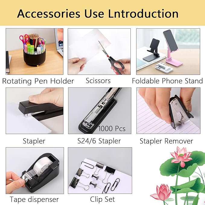 Office Supplies,Desk Accessories,Desk Organizer,Stapler,Tape Dispenser,Folding Phone Holder,Scissors,Notebook,Staple Remover,Staples,Clear Tape,Sticky Notes,Paper Clips,Bookmark,Pen,Pen pals Ect.27pcs