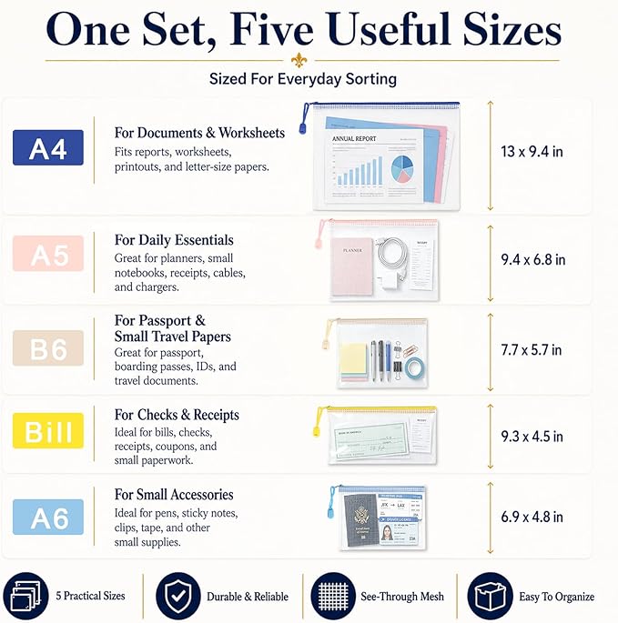 25-Pack Mesh Zipper Pouch Set with 1 Organizer Bag, 5 Sizes (A4 A5 A6 Bill B6) Clear Waterproof File Bags for Classroom Organization, Puzzle Storage & Large Scale Home Sorting (26pcs)