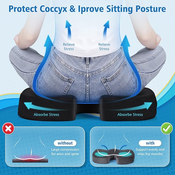 CloudBliss Gel Seat Cushion - Cooling Gel Enhanced Memory Foam Ergonomic Seat Cushion for Long Sitting for Office, Game, Car, Automotive, Airplane (Large, Black)