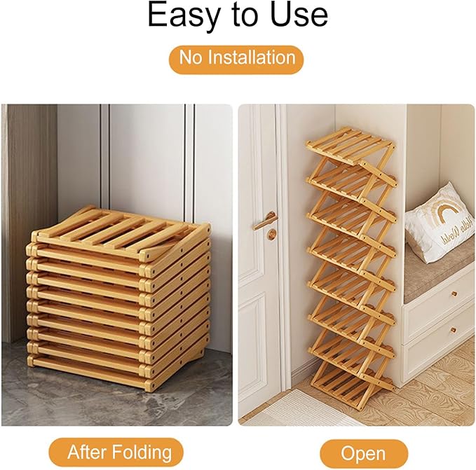 YYW Shoe Rack, Foldable Bamboo Shoes Shelf, Freestanding Shoe Storage Organiser for Entryway, Hallway, Bedroom, Closet (Wood Color, 6 Layers)