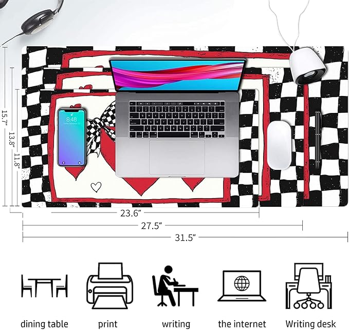 Valentine Desk Mat, Heart Black White Check Large Mouse Pad for Desktop, PU Leather Waterproof Desk Pad, Computer PC Laptop Protector Gaming Mouse Pads Valentine's Day Gifts for Her Him