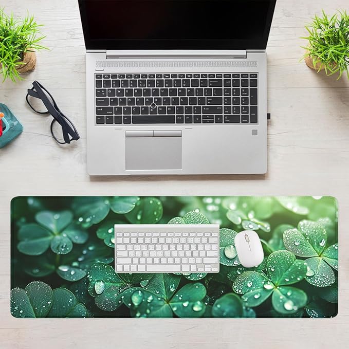 Four Leaf Clover Gaming Mouse Pad St Patricks Day Green Shamrock Extended Mousepad Waterproof Stitched Edges Rubber Base Non-Slip Deskpad Computer Keyboard Mat 31.5x11.8 in