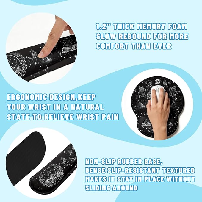 Dark Fantasy Desk Mat Set Magic Gothic Celestial Emblem Large Mouse Pad with Wrist Rest 4in1 Desk Mat for Desktop Ergonomic Computer Desk Arm Wrist Anti-Slip Computer Mouse Pad Home Office Gaming