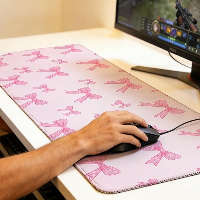Large Gaming Mouse Pad Pink Bow Desk Mat,Non-Slip Rubber Base Stitched Edges,Extended Mousepad for PC,Laptop,Office,Home Decor(31.5 x 11.8 Inch)