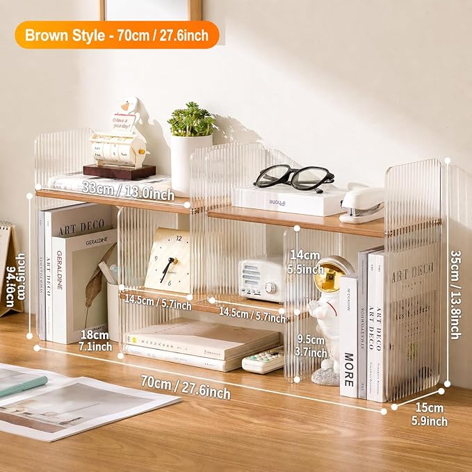 BYCY Expandable Desktop Shelf Organizer, Adjustable Wood Display Shelf with Acrylic Side Board, Office Storage Rack Desk Book Organizer for Home Decor, Office(Solid Brown)