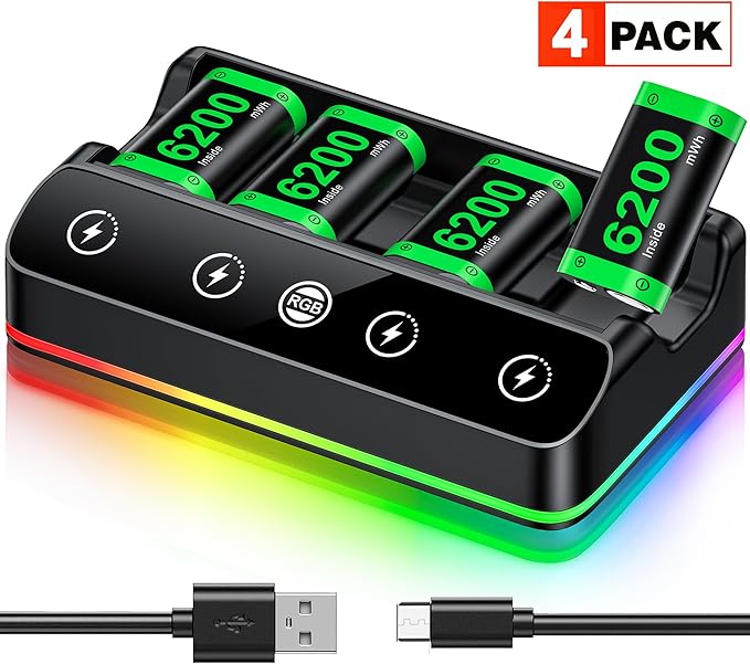 Rechargeable Xbox Controller Battery Pack Charging Station,4x6200mWh Xbox Battery Pack with Fast Charging Station