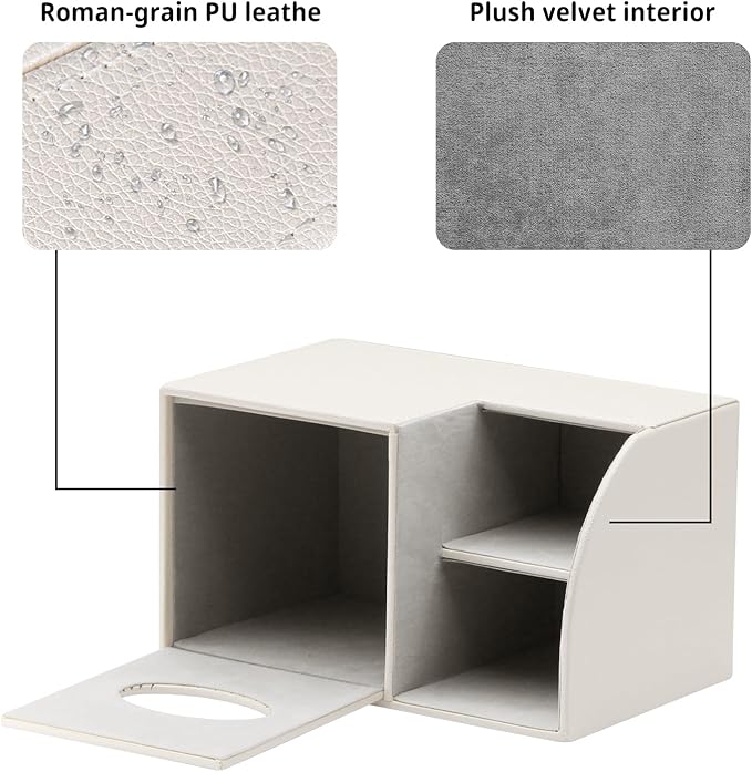 Square Tissue Box Cover with Storage, PU Leather Cube Tissue Box Holder, Remote Control Nightstand Organizer, Modern Desk Caddy for End Table, Bathroom, Bedroom, Home, Office Decor