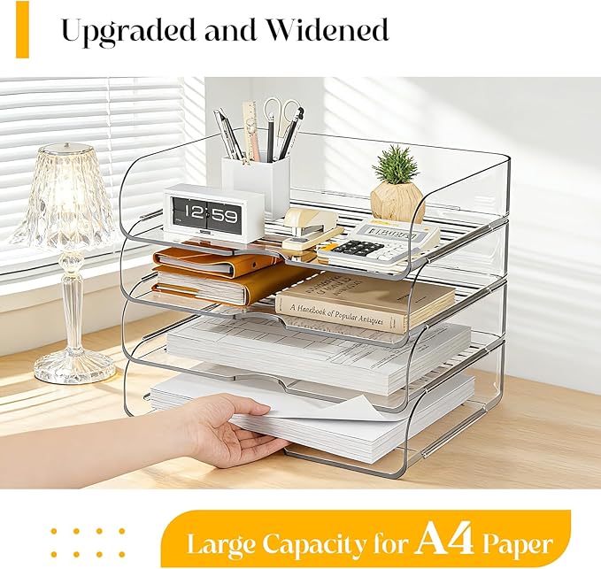 HIYOHIYO Clear Office A4 Paper Desk Organizer, Acrylic Desktop Organizer for A4 File Folder Stackable, Large Capacity Desk Letter Paper Holder, Organizer for Office File, 4 Tier Horizontal Style