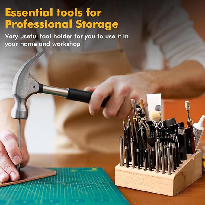 Leather Tool Holder, 48 Holes Wooden Leather Craft Tool Stand with 2 Slots, Solid Beech Rack Stand Organizer, Storage Case for Leathercraft Punch & Styling Tools