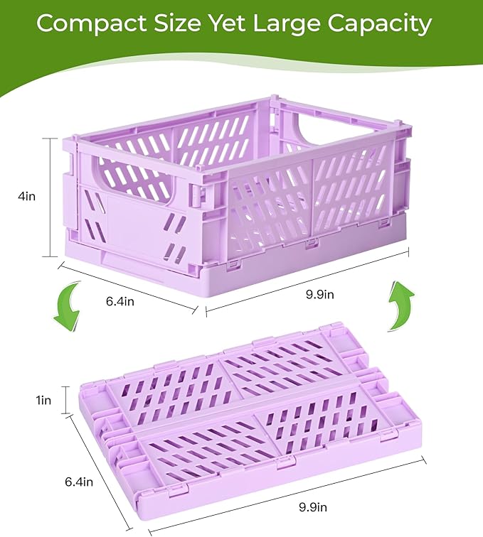 HUUSMOT 4-Pack Small Pastel Plastic Storage Baskets, Collapsible Crates for Organizing, Space-Saving Mini Bins for Classroom, Kitchen, Office, Bedroom (Purple, 9.8" x 6.5" x 3.8")