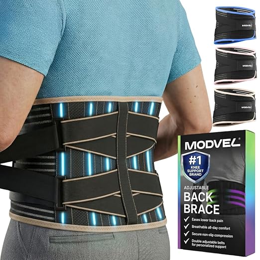 Modvel Back Brace for Lower Back Pain Women and Men – Lumbar Support Belt for Sciatica, Herniated Disc, Muscle Strain – Adjustable Breathable Work Brace with 6 Stays – Support for Posture – Size Plus