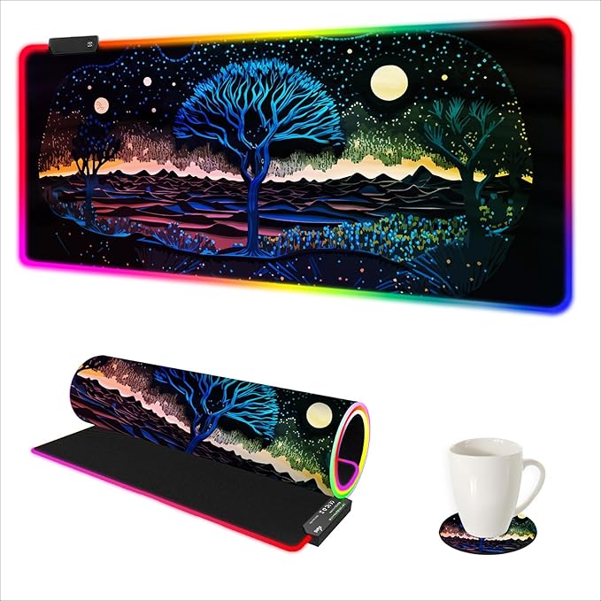 ARTSO Extra Large RGB Gaming Mouse Pad with 14 Light Modes, Extended Soft LED Mousepad, Anti-Slip Rubber Base, Computer Keyboard Mat (35.4 x15.7 Inch), Mysterious Tree