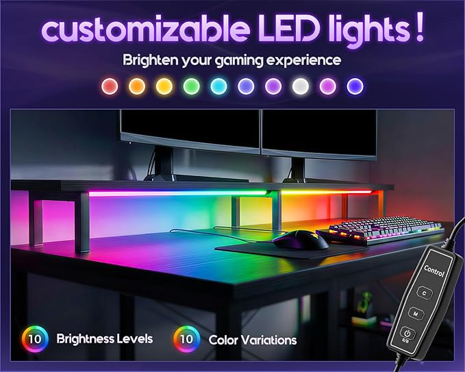 ODK 55 inch Gaming Desk with LED Lights & Power Outlets, Computer Desk with Monitor Stand & Storage Shelves, CPU Stand, Home Office Desk, Black