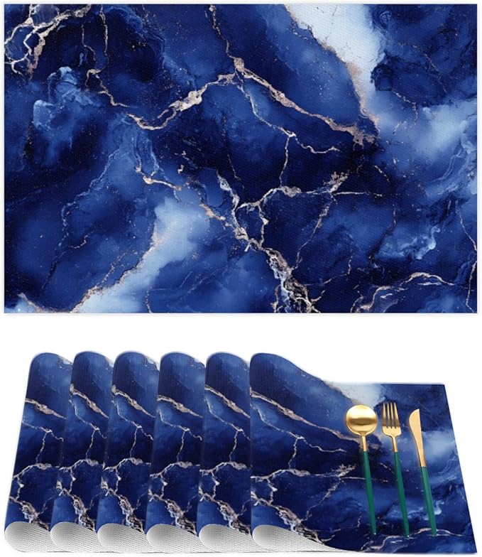 Placemats Set of 4 Heat-Resistant Rectangle Place Mats Blue Marble Washable Plastic PVC Dining Table Mat Non-Slip Wipeable Woven Vinyl Placemat for Kitchen Patio Table Decor