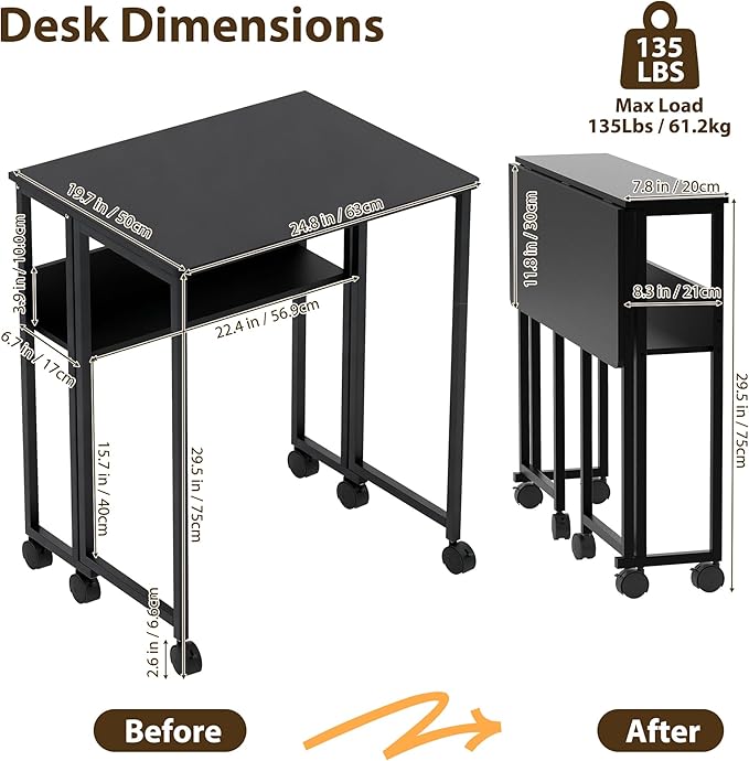 Folding Desk Small Rolling Desk with Storage Shelf,24.8 Inch Foldable Computer Table with Wheels,Portable Office Desk for Small Space Sofa Table,Easy to Fold,Writing Work Office Computer Desk,Black