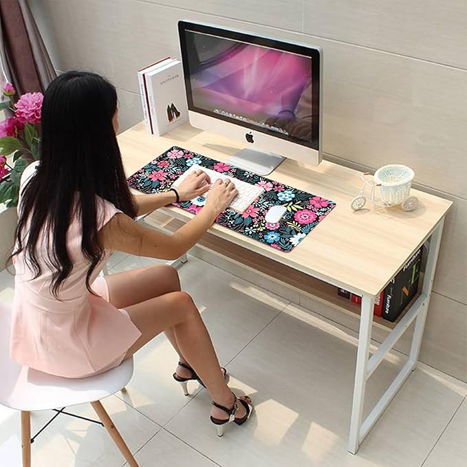 Boho Floral Large Mouse Pad Desk Pad, 27.5x11.8in Pink and Blue Flower Extended Keyboard Mousepad with Stitched Edges, Non-Slip Waterproof Rubber Base for Office, Computer & Laptop
