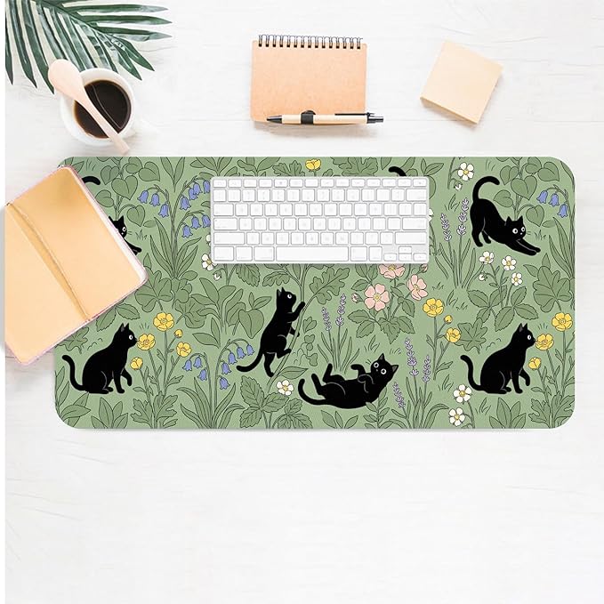Cute Desk Mat, Grassland Cat Large Mouse Pad for Desktop, PU Leather Waterproof Desk Pad, Anti-Slip Computer PC Laptop Protector Gaming Mouse Pads for Office Home Decorations (27.5" x 13.8")