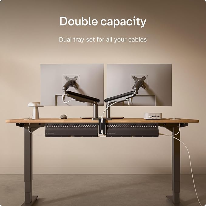Desktronic Cable Duct Desk Black Set of 2 - Stainless Steel Cable Management Desk Cable Duct with 5 Cable Cut-Outs - Easy to Install Cable Organiser - Cable Holder
