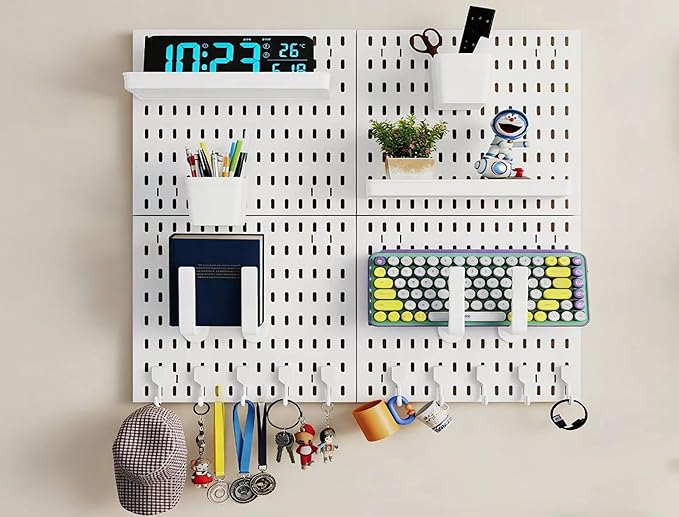 12 * 12in Pegboard Set, DIY Pegboard Combo Kit, Wall-Mounted Storage Organizer, Includes 4 pegboards and 18 Accessories, Suitable for Office, Gaming Room, Kitchen, and Decorative Display (White)