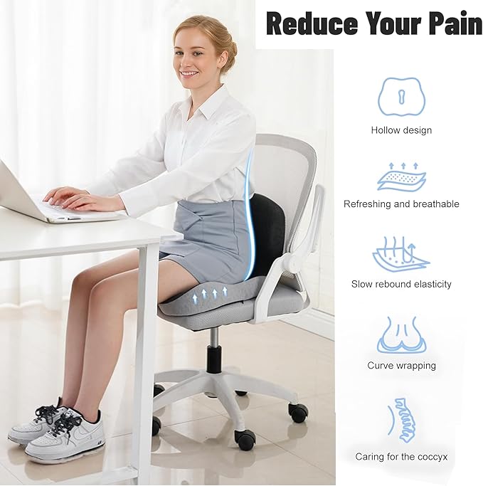 Memory Foam Seat Cushion for Truck Drivers, Office Chairs, Car Seats Ergonomic Chair Cushion, Sciatica & Tailbone Relief Ergonomic Pressure Relief Pad for Long Sitting (Black)
