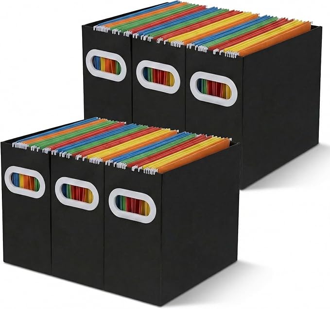 Hanging File Organizer Box, 6 Pack Black Cardboard File Folder Holder for Letter Size, Portable Desk Document Storage with Handles, for Office,Home,School