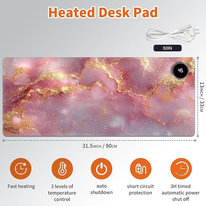 Heated Mouse Pad,Warm Desk Pad with 3 Levels Heating & 3 Hours Auto Shut-Off, PU Leather Heated Desk Pad Warmer Pad for Home Office - 31.5 x 13 inch,Pink Gold Marble