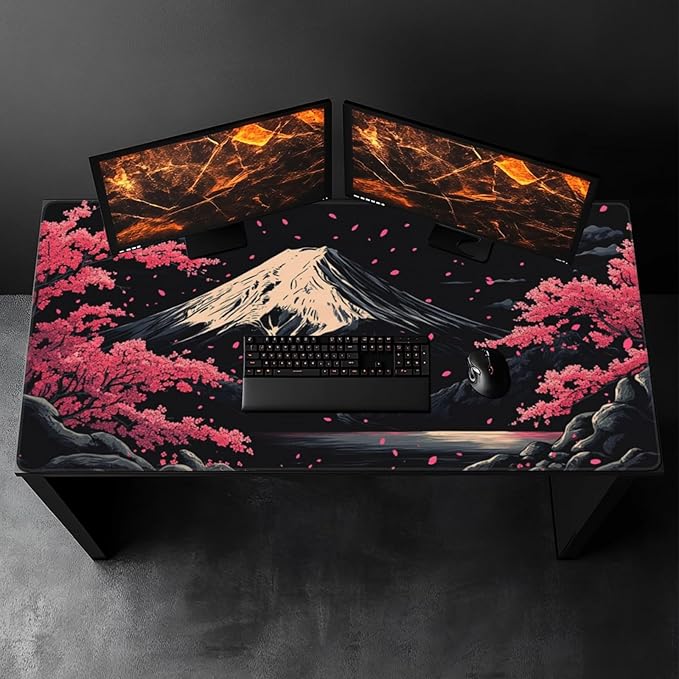 Extra XXXL Japanese Cherry Blossom Gaming Mouse Pad, Watercolor Mouse Pads Keyboard Mat, Stitched Edges Mousepad, Non-Slip Rubber Base Desk Mat for Office & Home (48x24 Inch)