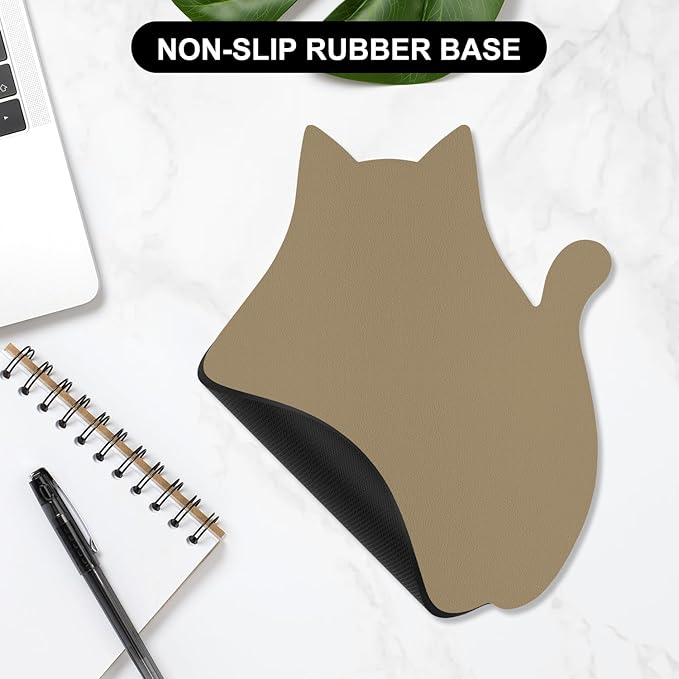 Funny Leather Mouse Pad Cute Cat Shape Office Desk Accessories Decor for Women Small Mousepad with Non-Slip Rubber Base Washable Waterproof, 9.7" x 8", Apricot