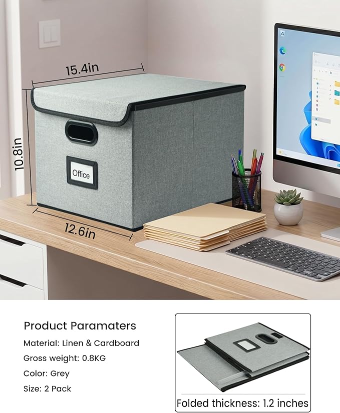 Qerlei File Organizer Boxes with Lids,Collapsible File Folder Organizer with Plastic Slide,Collapsible Filing & Storage Boxes for Office/Decor/Home (Grey, 2 Pack)
