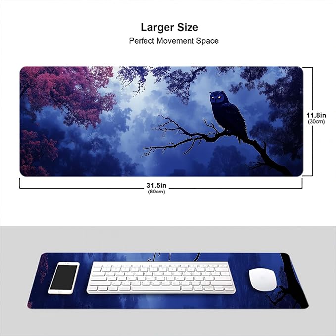 Owl Desk Mat Forest Dark Mysterious Purple Bird Animal Extended Gaming Mouse Pad Mat with Stitched Edge Non-Slip Base Big Mouse Pad 31.5"x11.8" Office Computer Keyboard Laptop Home