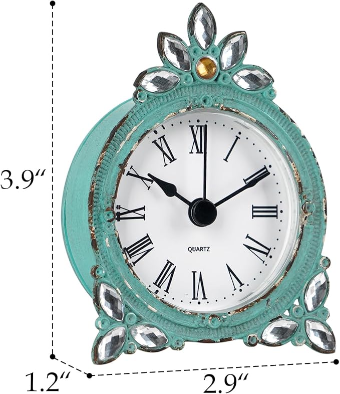 NIKKY HOME Vintage Pewter Quartz Mini Table Clock with Crystal Shining Rhinestone, 2.87 x 1.37 x 3.87 Inches, Aqua