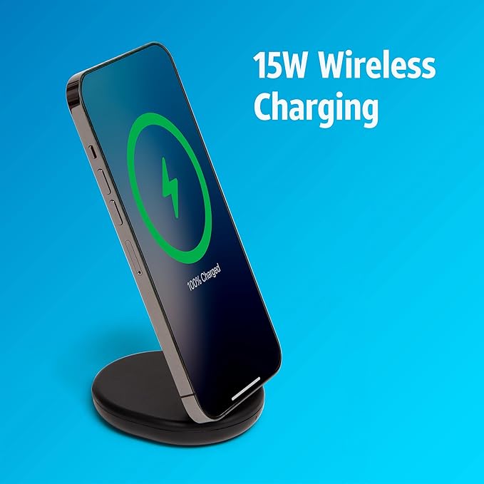 AT&T 15W Wireless Charging Stand – USB-C PD Fast Charger with Magnetic Snap-On Alignment, Portrait/Landscape Viewing Support, Compact Case-Friendly Design, Qi-Enabled Charging – Black