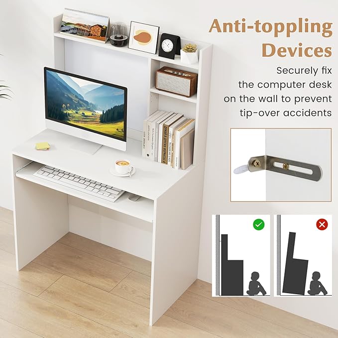 Tangkula Computer Desk with Hutch, Space Saving Laptop Desk with Magnetic Whiteboard, Keyboard Tray, Storage Shelves, Cable Holes, Home Office Desk with Bookshelf, Modern Writing Table (White)