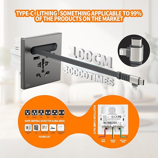 35W GaN Multi Plug Wall Outlet with Retractable Phone Charger for Bedside/Sofa, 4-in-1 Tamper-Resistant in-Wall Socket with Universal AC Port for New Renovations, UL Listed (Include 86-Type Box)