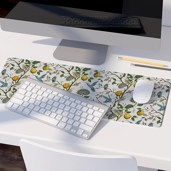 Yellow Lemon Mouse Pad,Green and Yellow Italian Lemon Desk Mat,Vintage Cottagecore Floral Desk Mat,Girly Summer Mouse Pads for Dorm Home Office Desktop Decor,31.5x11.8 Inch