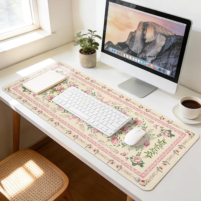 Beige Floral Boho Mouse Pad Large 35.4×15.7 Aesthetic Girly Desk Mat for Women Girls,Non-Slip Water-Resistant Pad for Home Office Gaming