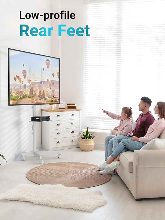 BONTEC Mobile TV Stand for 23-65 Inch TVs, Rolling TV Stand with Locking Wheels, Adjustable Height, Media Shelf, Outdoor TV Stand Max VESA 400x400mm, Holds Up to 88lbs, White