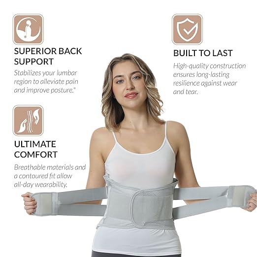 NeoTech Care Lower Back Brace for Women or Men, Lumbar Back Support Belt (Grey, Size L)