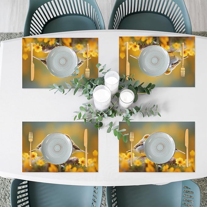 Placemats Set of 4 Heat-Resistant Rectangle Place Mats Cute Bird Yellow Washable Plastic PVC Dining Table Mat Non-Slip Wipeable Woven Vinyl Placemat for Kitchen Patio Table Decor